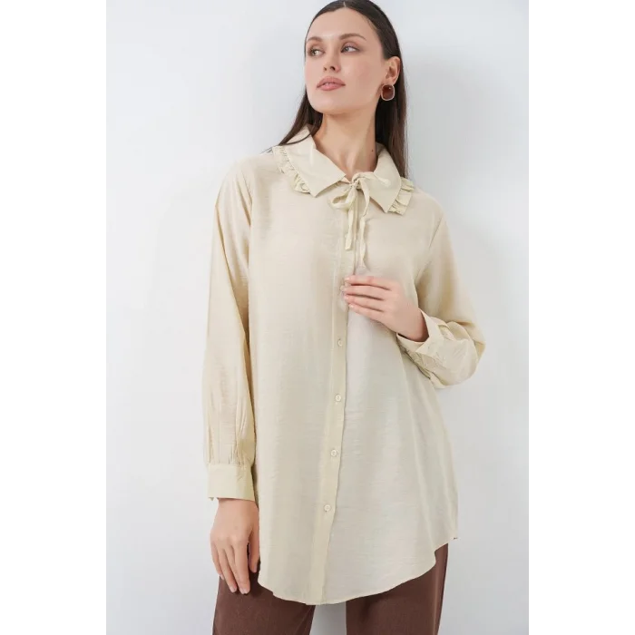 Fırfırlı Uzun Gömlek Tunik 5952 - Ekru