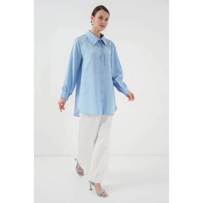 Fırfırlı Uzun Gömlek Tunik 5952 - Mavi