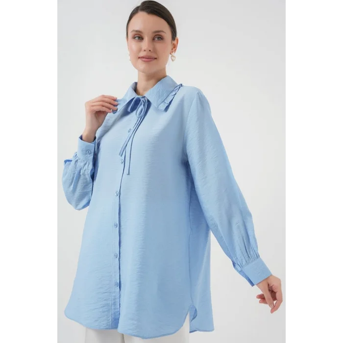 Fırfırlı Uzun Gömlek Tunik 5952 - Mavi
