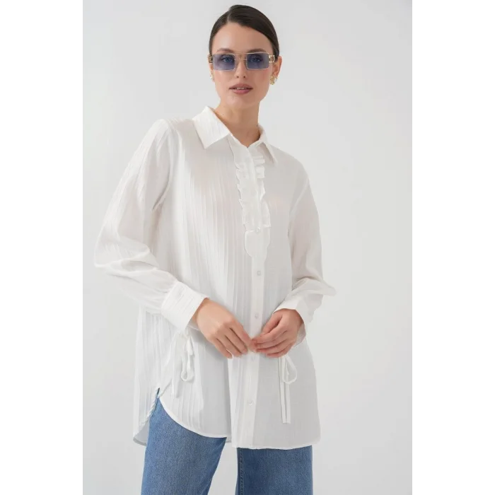 Fırfırlı Uzun Gömlek Tunik 5953 - Beyaz