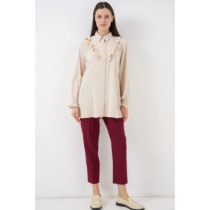 Fırfırlı Uzun Gömlek Tunik 5986 - Krem