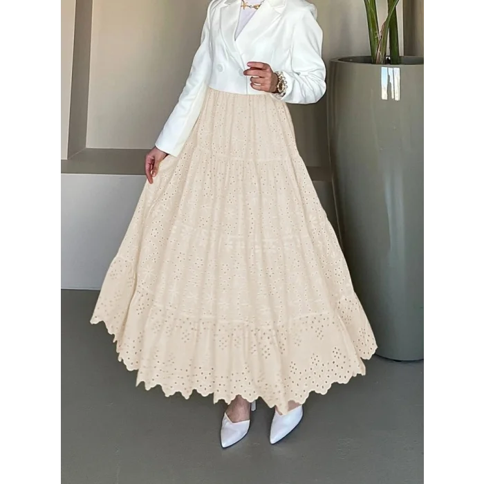 Fisto İşlemeli Katlamalı Etek -Bej