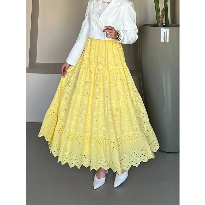 Fisto İşlemeli Katlamalı Etek -Sarı