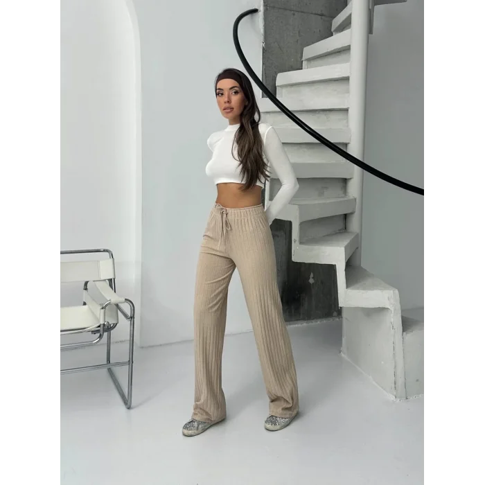 Fitilli şardonlu pantolon bej a4058