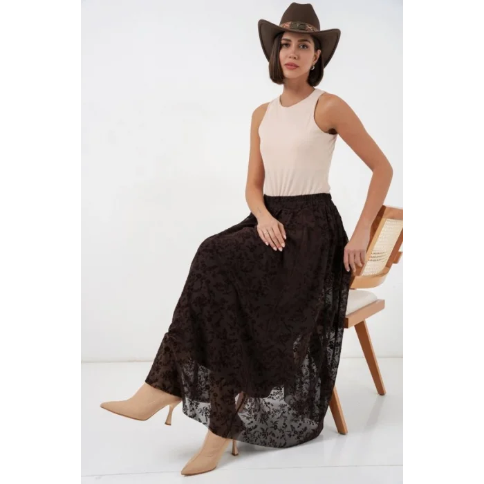 Flok Baskılı Astarlı Etek 8069 - Kahverengi