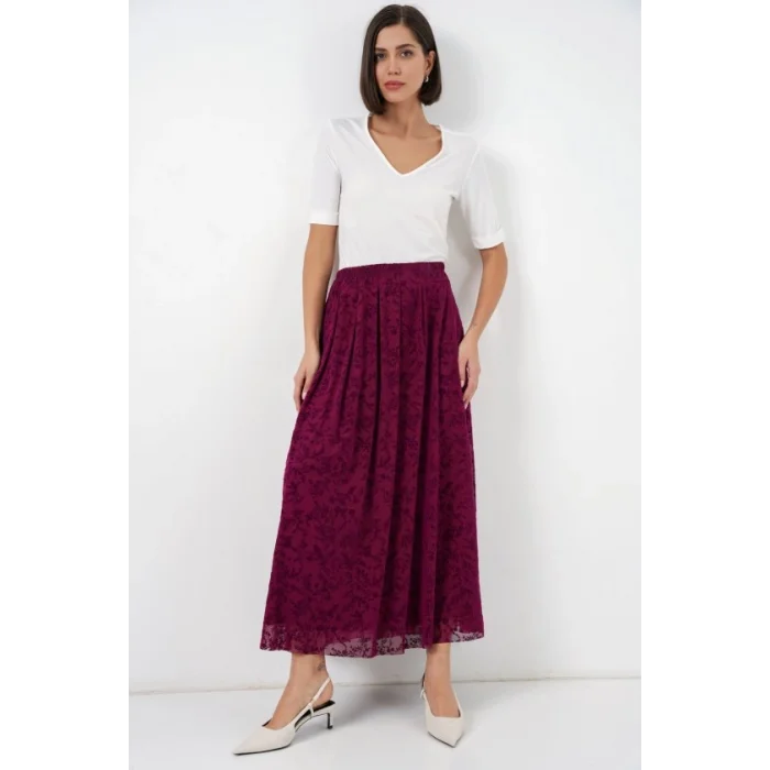 Flok Baskılı Astarlı Etek 8069 - Mürdüm