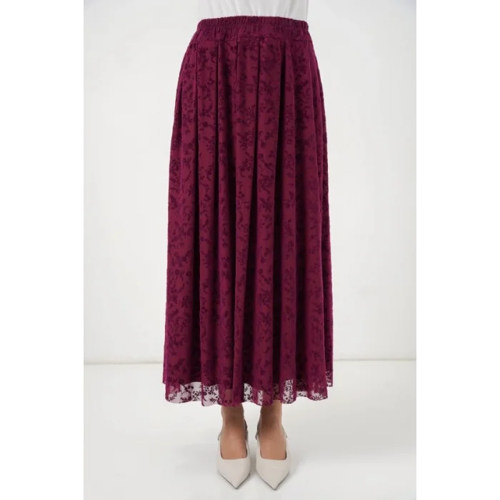 Flok Baskılı Astarlı Etek 8069 - Mürdüm