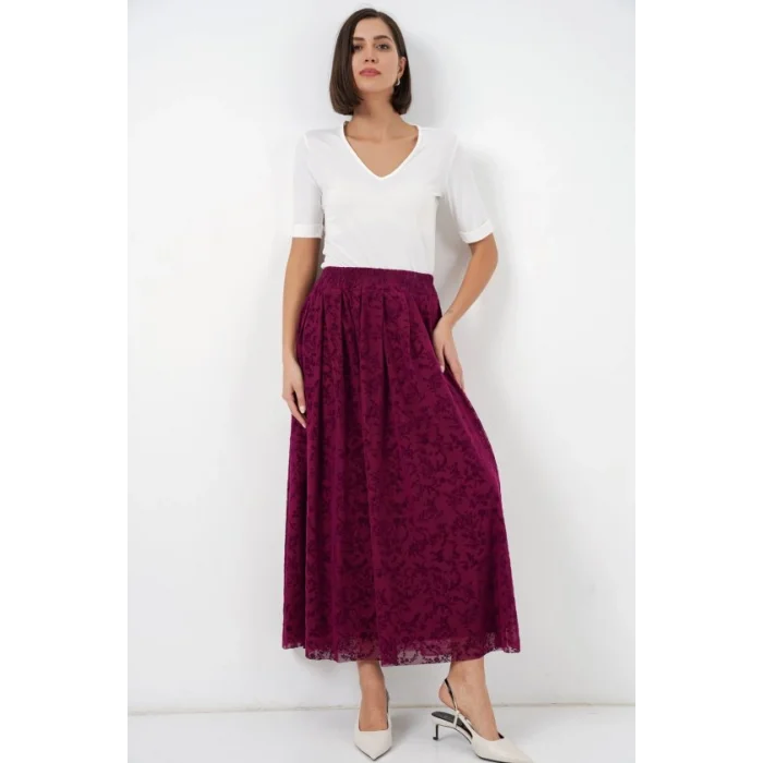 Flok Baskılı Astarlı Etek 8069 - Mürdüm