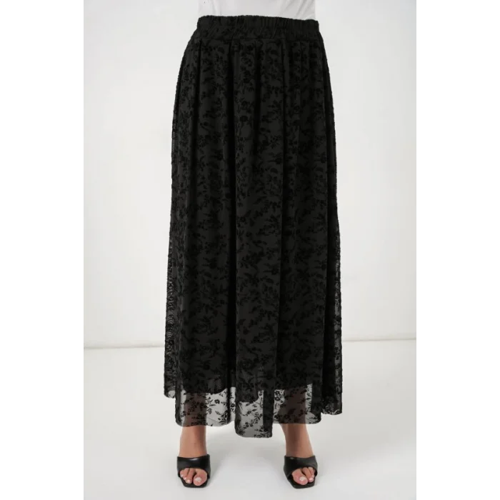 Flok Baskılı Astarlı Etek 8069 - Siyah