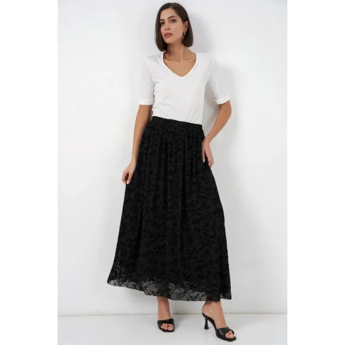 Flok Baskılı Astarlı Etek 8069 - Siyah