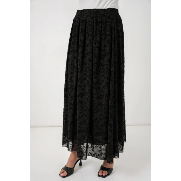 Flok Baskılı Astarlı Etek 8069 - Siyah