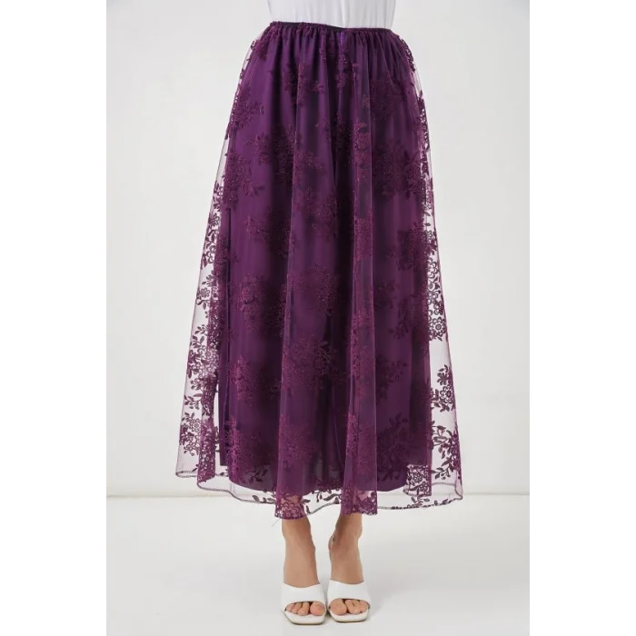 Flok Baskılı Uzun Tül Etek 8070 - Mor