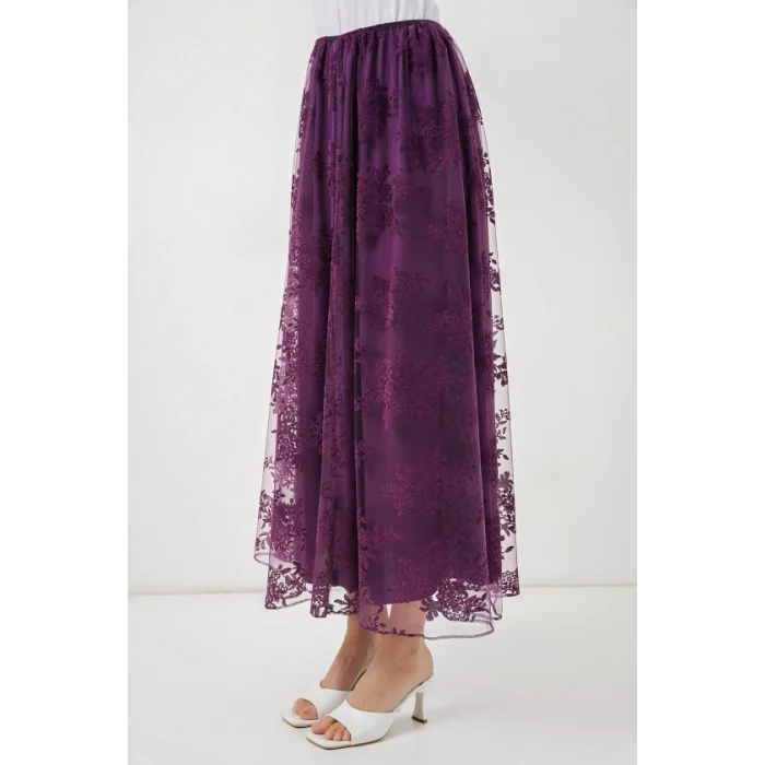 Flok Baskılı Uzun Tül Etek 8070 - Mor