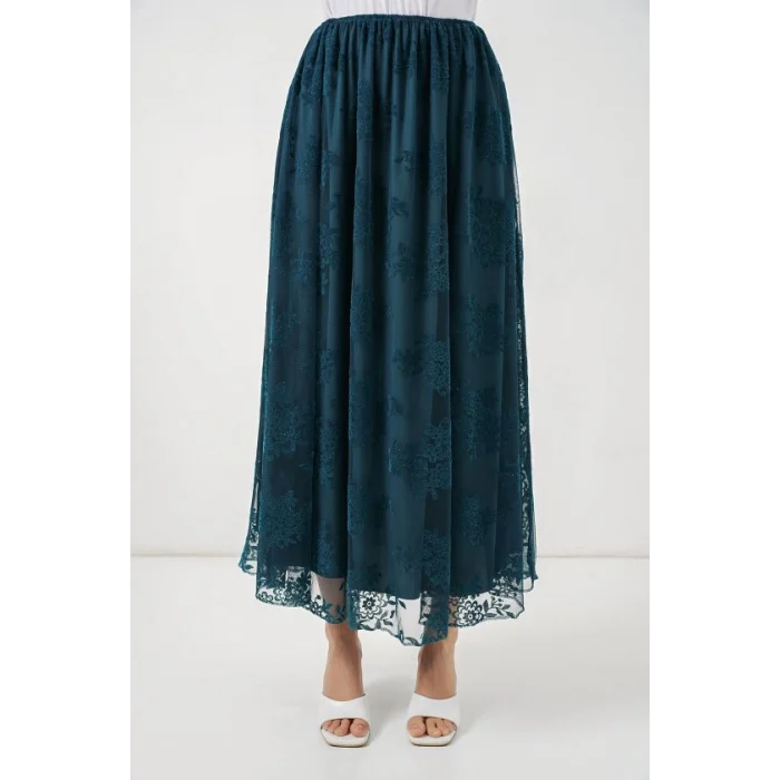 Flok Baskılı Uzun Tül Etek 8070 - Petrol