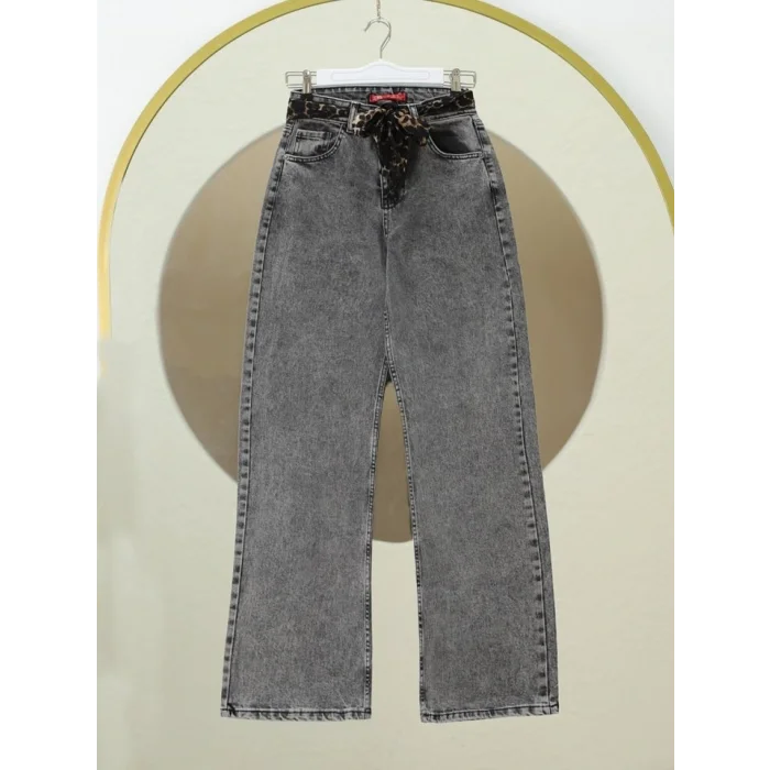 Fular Detaylı Palazzo Kot Pantolon  -Füme