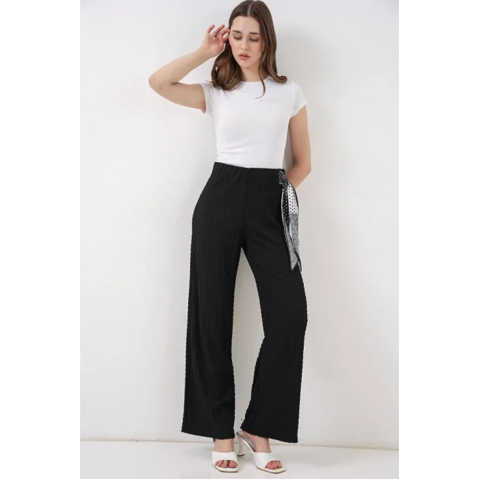 Fularlı Örme Pantolon 30070 - Siyah
