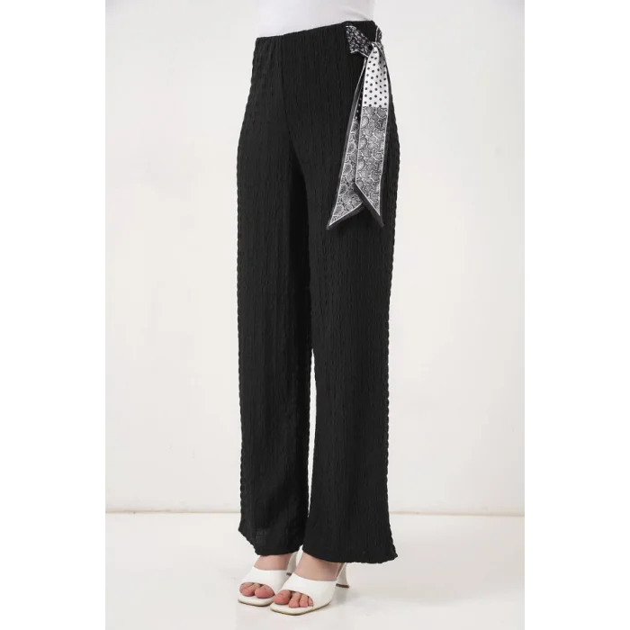 Fularlı Örme Pantolon 30070 - Siyah