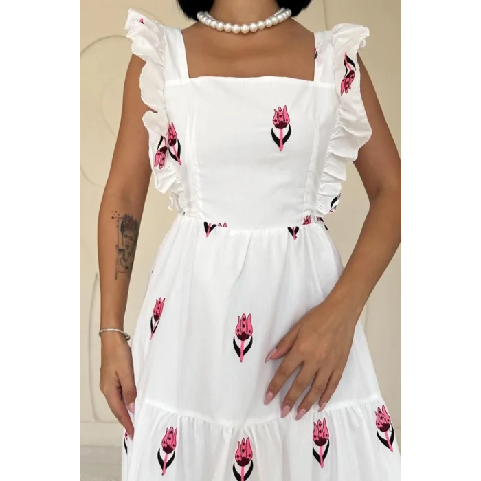 Fuşya Sıfır Kol Fırfırlı Elbise