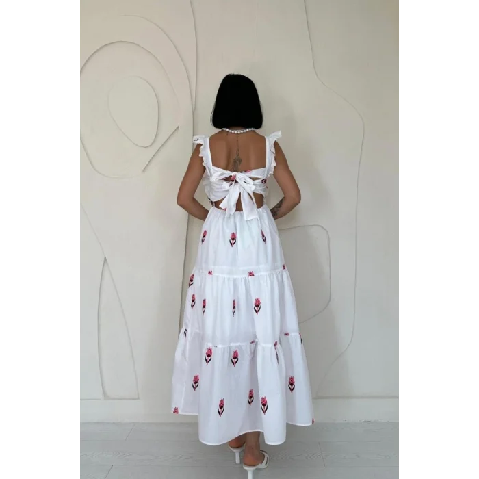 Fuşya Sıfır Kol Fırfırlı Elbise