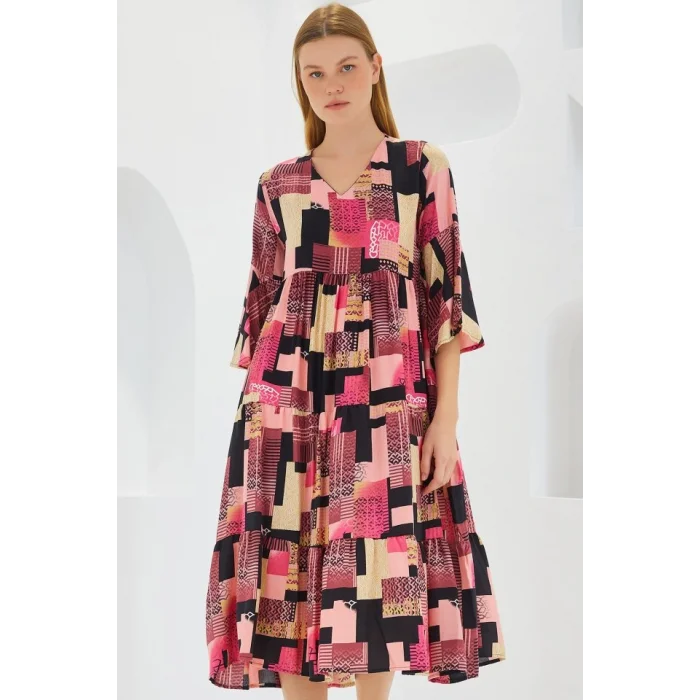 Fuşya Siyah Desenli Kısa Kol Viskon Elbise 1959