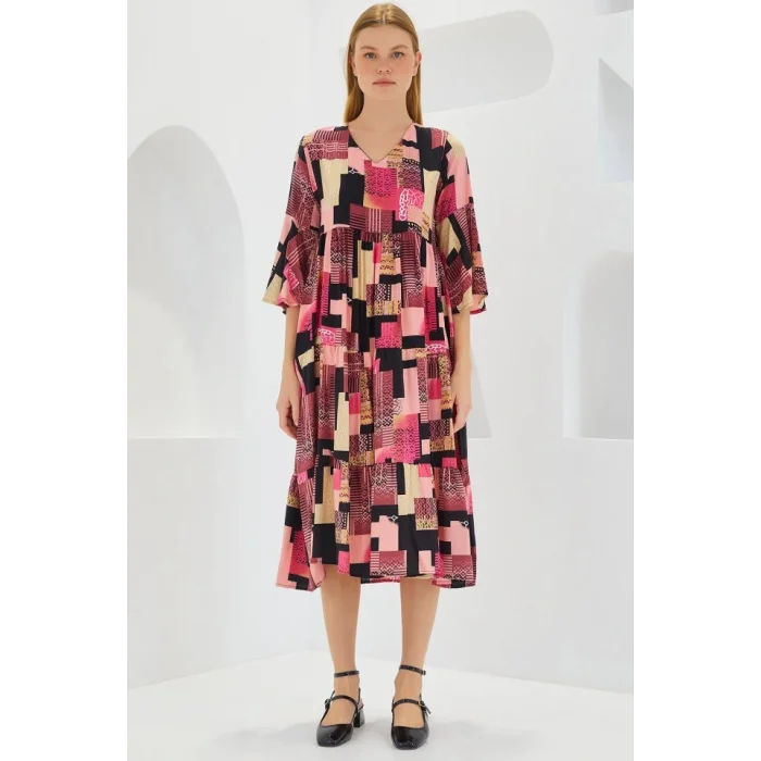 Fuşya Siyah Desenli Kısa Kol Viskon Elbise 1959
