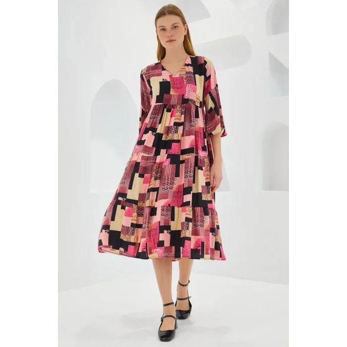 Fuşya Siyah Desenli Kısa Kol Viskon Elbise 1959