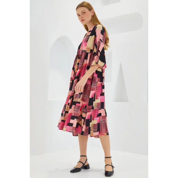 Fuşya Siyah Desenli Kısa Kol Viskon Elbise 1959