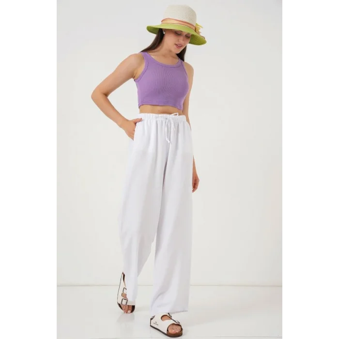 Geniş Paça Keten Pantolon 6735 - Beyaz