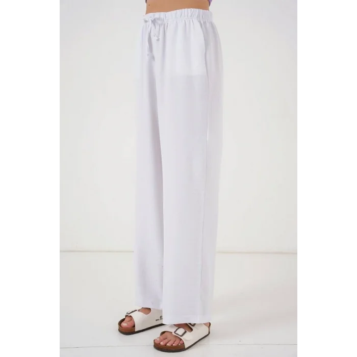 Geniş Paça Keten Pantolon 6735 - Beyaz