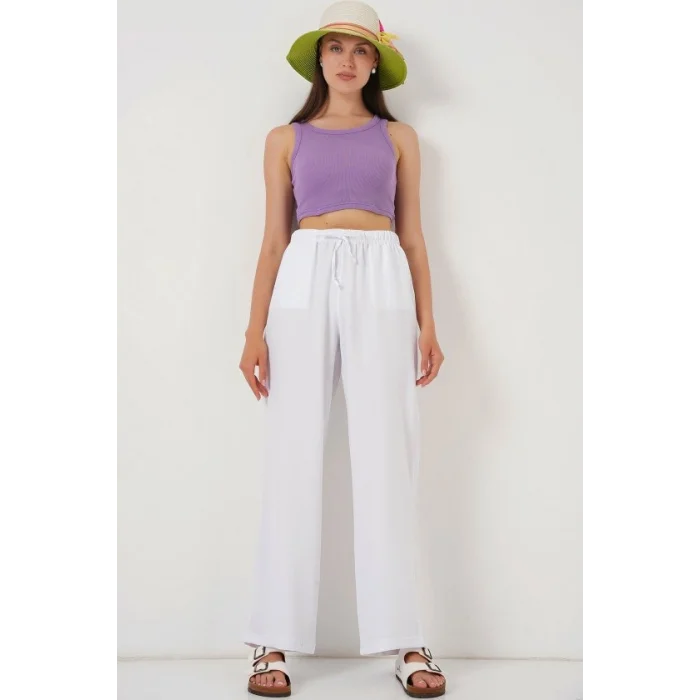 Geniş Paça Keten Pantolon 6735 - Beyaz