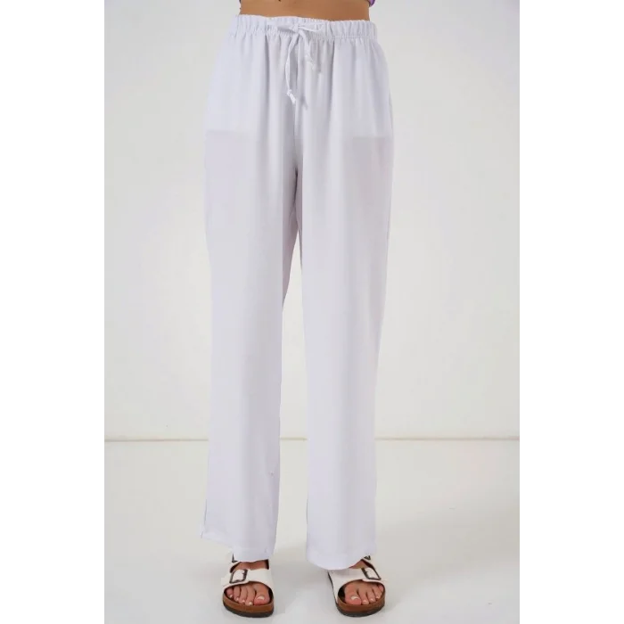 Geniş Paça Keten Pantolon 6735 - Beyaz