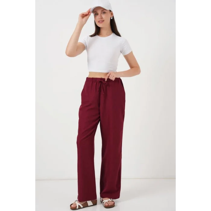 Geniş Paça Keten Pantolon 6735 - Bordo
