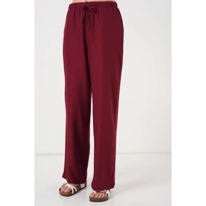 Geniş Paça Keten Pantolon 6735 - Bordo