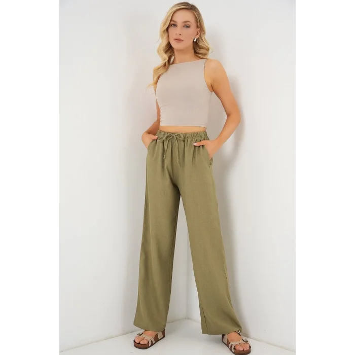 Geniş Paça Keten Pantolon 6735 - Çağla