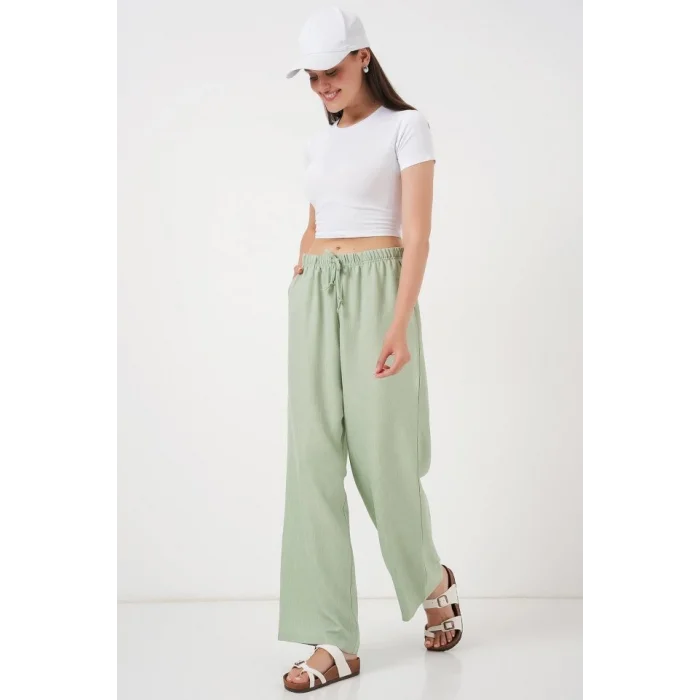 Geniş Paça Keten Pantolon 6735 - E.Yeşil