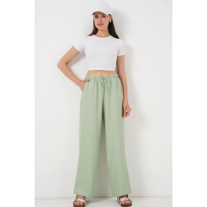 Geniş Paça Keten Pantolon 6735 - E.Yeşil