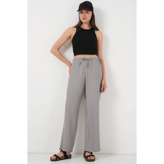 Geniş Paça Keten Pantolon 6735 - Gri