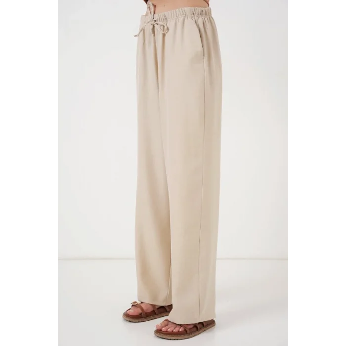 Geniş Paça Keten Pantolon 6735 - Krem