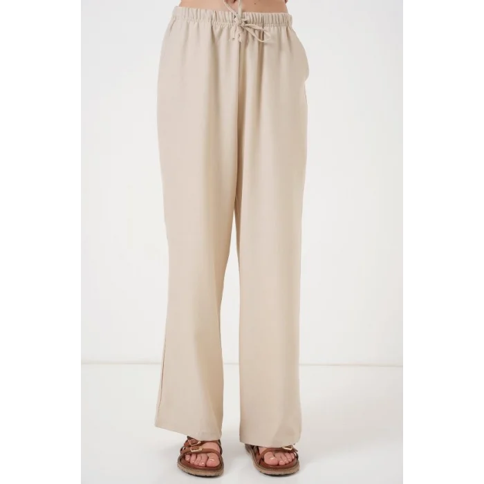 Geniş Paça Keten Pantolon 6735 - Krem