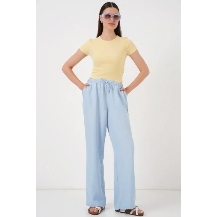 Geniş Paça Keten Pantolon 6735 - Mavi