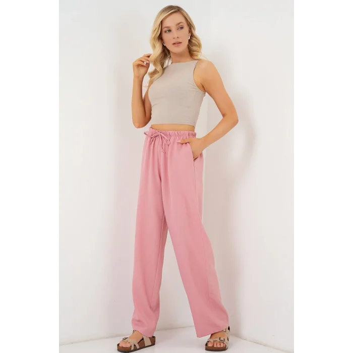 Geniş Paça Keten Pantolon 6735 - Pudra