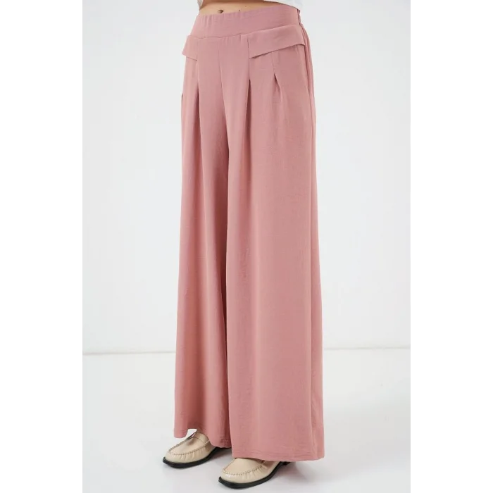 Geniş Paça Pileli Pantolon 6718 - Gül Kurusu