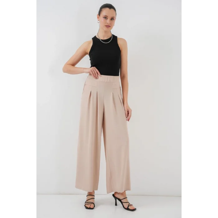 Geniş Paça Pileli Pantolon 6718 - Krem