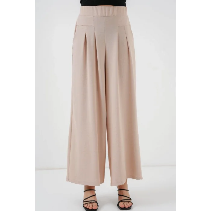 Geniş Paça Pileli Pantolon 6718 - Krem