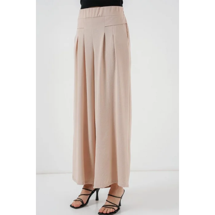 Geniş Paça Pileli Pantolon 6718 - Krem