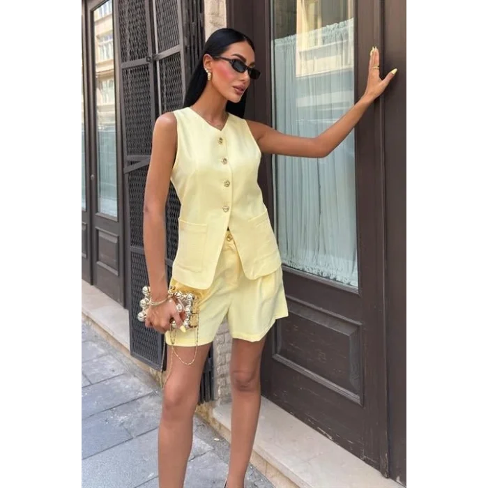Gold Düğme Detaylı Yelek Şort Cotton Takım 10208