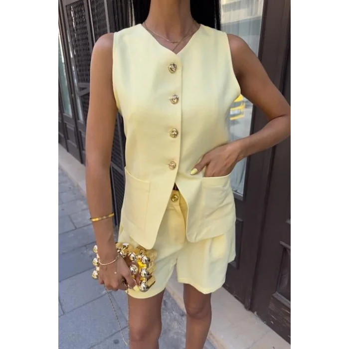 Gold Düğme Detaylı Yelek Şort Cotton Takım 10208