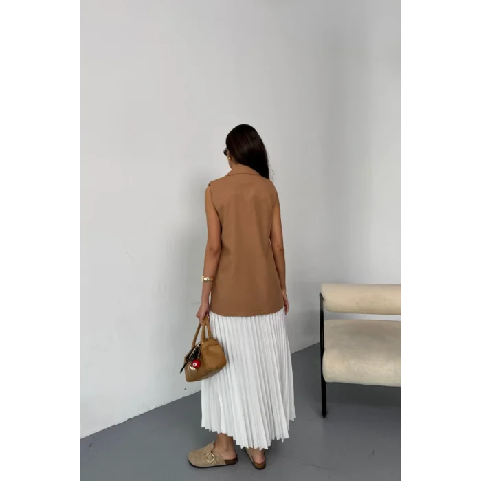 GOLD DÜĞMELİ KETEN YELEK - Kahverengi