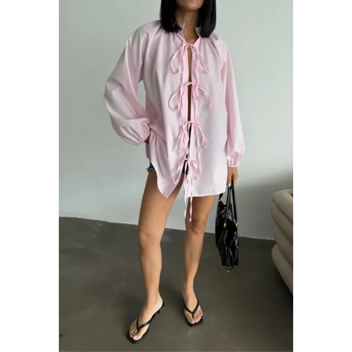 GÖMLEK POPLİN HAKİM YAKA ÖNDEN BAĞLAMA İP DETAYLI - Pembe