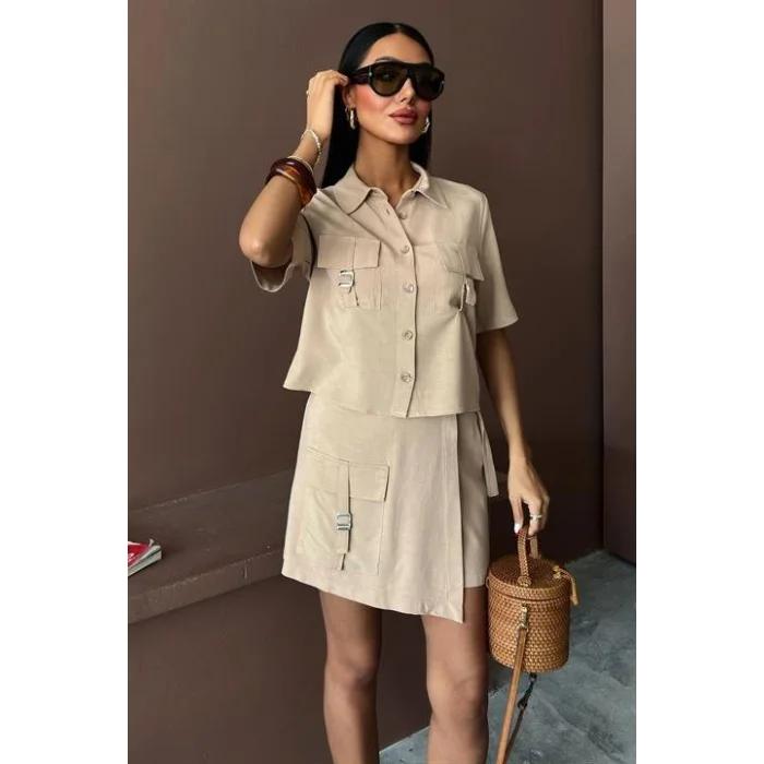 Gömlek Şort Etek Viscon Keten Takım 10162